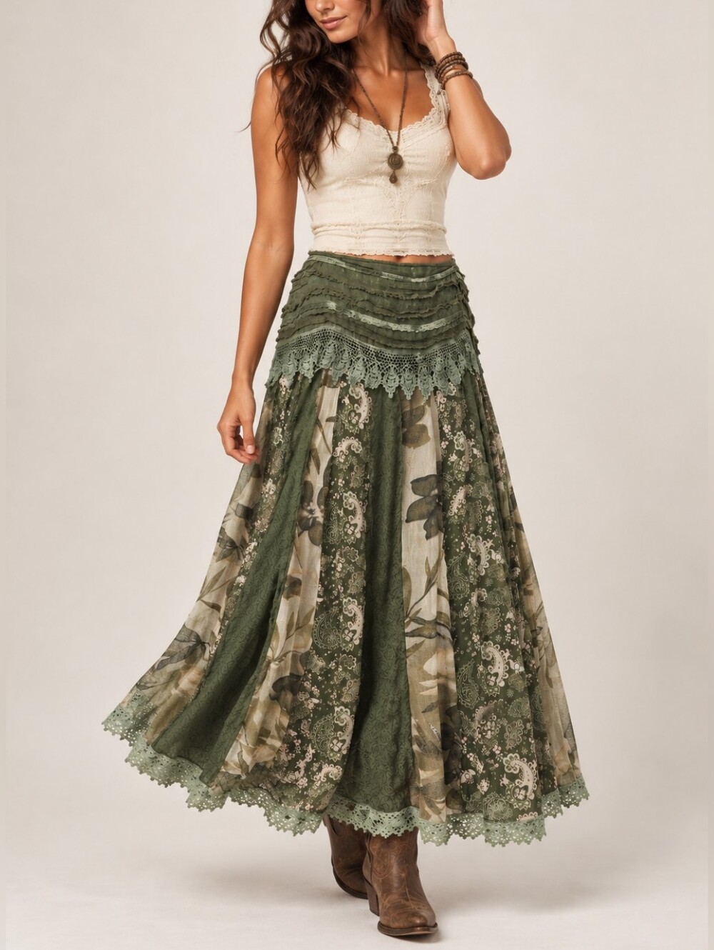 24 Karat Vintage Patchwork Maxi Skirt – Fairy Grunge Boho Lace Style, XL